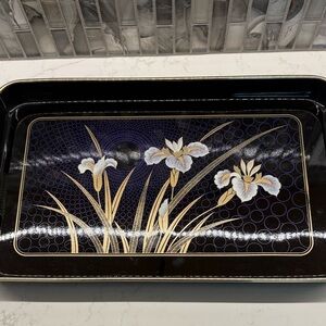 VTG Japanese Black Lacquerware Serving Tray with Gold Iris Flowers & Gold Trim